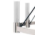 Close-up of opal white glass cylinder and polished silver base with black supporting rods on Dixon Chandelier