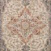 Ivory traditional area rug with intricate faded medallion pattern in warm vintage tones of rust, blue, and beige