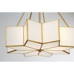 Close-up detail of white glass panes and brass framing from underneath the pendant light