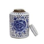 Tea jar with lid removed, showing open mouth and inner brown rim