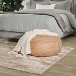 Close-up of rug in bedroom with woven ottoman and throw on top, showing scale and styling detail.