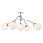 Mid-century modern chrome ceiling light with five swirling white strie glass orb shades on curving arms