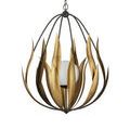 Detailed look at spherical white globe surrounded by tall brass leaves against white