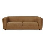 Alora sofa in Brazilian top-grain leather with subtly curved back and rounded arms, tan color