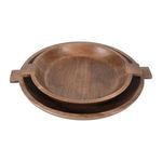 Set of two brown wooden bowls with flat handles, smooth polished finish and rich wood grain stacked together