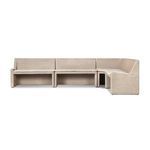 Straight front view of banquette highlighting rectangular straight form and woven frame