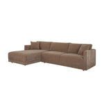 Angled view showing the chaise positioned on the left side with plush cushions in warm brown fabric