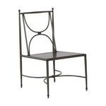 Slate gray aluminum side chair without cushions showing slatted seat and gold accents