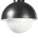 Close-up of curved black metal shade and smooth white milk glass globe diffuser