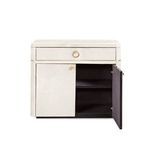 Open door of Andre cabinet showing dark micro-suede lined interior with an adjustable shelf