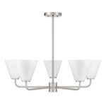 Blair chandelier with satin nickel arms and clear white glass shades facing upward with visible glass striations