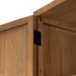 Close-up inside corner of the Knightdale Brown Wooden Cabinet showing door hinge and wood planks