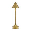 Traipse lamp shown upright centered on white background with matte brass finish details