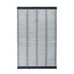 Rectangular handwoven area rug with black-bordered stripes on a light jute and cotton blend