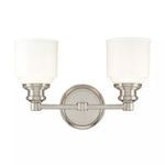 Windham 2 Light Bath Bracket with mouth-blown opal glass diffusers and stepped polished metal arms and round backplate