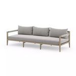93-inch outdoor sofa with washed brown teak frame, ash-textured UV-resistant cushions, rope-wrapped armrests and cotton wo...