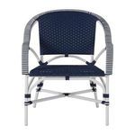 Front-facing view of the chair without cushion emphasizing the woven navy seat and white frame