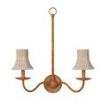Double arm wall fixture with woven bell shades shown from a front perspective on a plain background