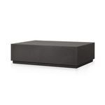 Rectangular dark gray metal outdoor coffee table with plinth base and slatted top