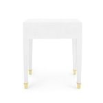 Back view of Claudette side table with clean white panel and gold leg caps visible