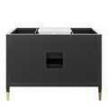 back view of vanity showing cutout for plumbing and rectangular undermount sink from behind