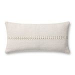 elongated lumbar ivory throw pillow with textured woven stripe detail across center, made of 100% cotton