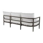 Repeat of sofa side view showing rounded aluminum frame in slate gray with white cushions