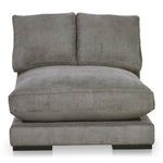 Plunge sofa in gray corduroy fabric with plush cushions, clean lines, and a space-maximizing design seating three.