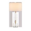 Deville Table Lamp with antique brass thin metal stem, clear optic crystal base and cylinder, topped with white drum shade
