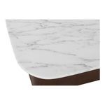 Close-up of white marble tabletop corner with subtle gray veining and rounded edge