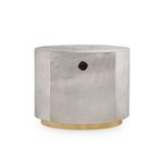 Back view of Julius 2-Drawer Side Table with light faux fur covering and circular black detail at center
