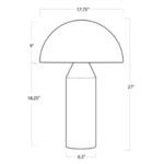 Line drawing with dimensions showing Apollo Table Lamp’s height, width, and shade proportions