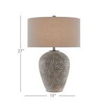 Junius Table Lamp with beige shade displayed with dimensions 27 inches tall and 19 inches wide