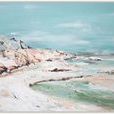 vibrant coastal landscape painting with cliffs, sandy beach, and calm ocean in soft blues and earthy tones