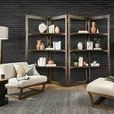 Floor lamp shown with white background, matte black lower ombre base transitioning to brass
