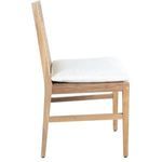 Side profile of chair with white seat cushion showing cushion thickness and wood frame