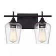 Two-light bath bar with large curved clear glass shades and English bronze finish, mounted as downlight
