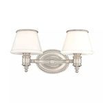 Richmond 2 Light Bath Bracket with polished metal finish, dentil cornices on white tapered shades, and oval backplate
