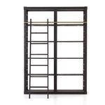 Front view of empty bookshelf with rounded top ladder centered on brass bar