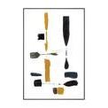 abstract painting titled The Journey I with vertical and horizontal brush strokes in black, mustard yellow, gray, and navy...