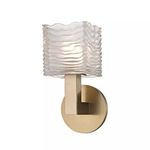 Sagamore bath light with wavy, etched glass diffuser and brushed gold finish arm and round backplate