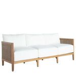 Outdoor three-seat sofa with natural teak frame and white cushions, featuring woven raffia side panels