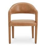 Martens dining chair with open barrel back, continuous curve from leg to frame, padded seat, tan leather upholstery