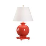 Red glazed Italian ceramic ball lamp with square base and white hard tapered shade