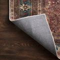 Backside of Layla Brick / Blue Rug folded to reveal gray woven underside and stitched edges