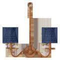 Two indigo chandelier shades on wooden double-arm sconce, slightly different lighting and shadow angles