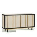 Deanna Raffia Credenza with beige woven raffia panels framed in black Okoume wood with slender gold vertical accents
