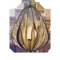 Pear-shaped chandelier with aged steel wire cage and brass finish undulant leaves encasing white glass globe light