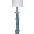 Rowan Floor Lamp with hand-strung blue mango wood bead base and white fabric shade on brass round platform