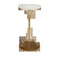 View from the front with vertical gold supports converging under marble top over oval base
